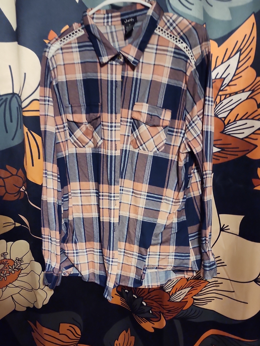 Justify Navy and Tan Plaid Casual Button-Down Shirt